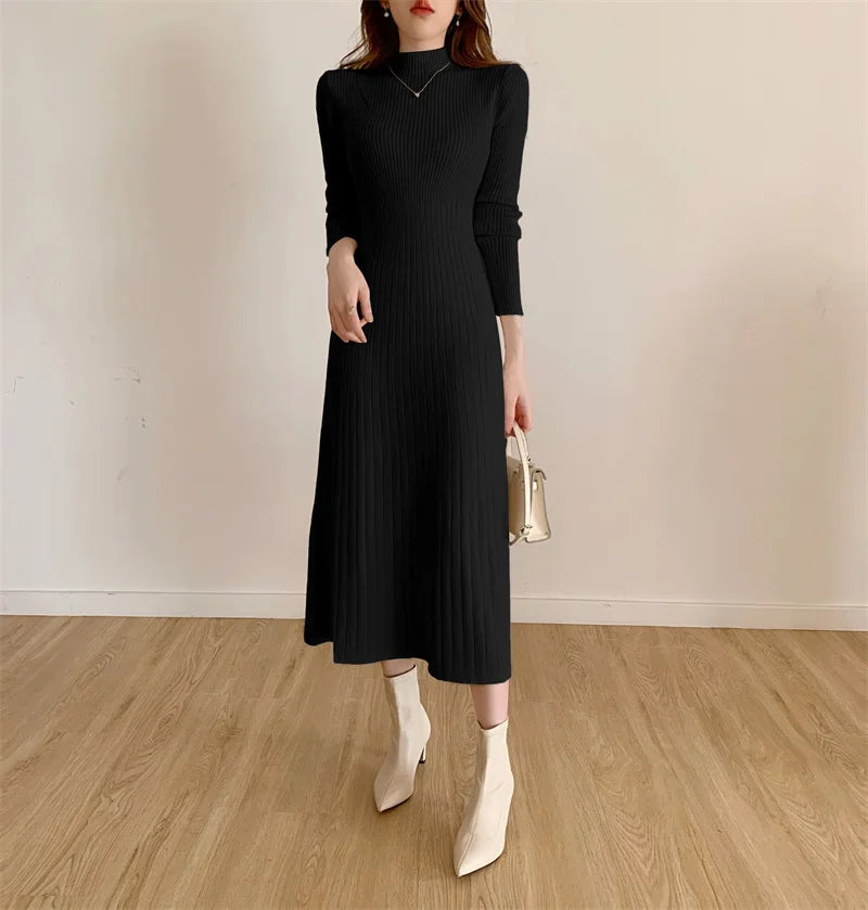 Autumn Winter 2024 Slim Long Sleeve Party Midi Dress for Women Knitted Half High Collar Elegant Knitted Sweater Dresses Ladies