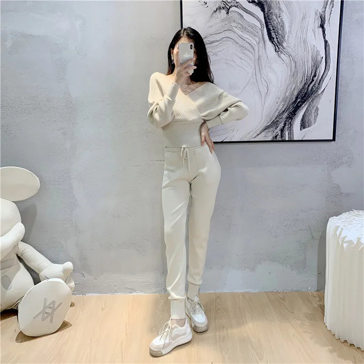 Elegant Tracksuit Sexy Two Piece Set Women Korean Style Ribbed Knitted Backless Top And Long Harem Pant Suit Autumn Outfits y2k - Seprincess