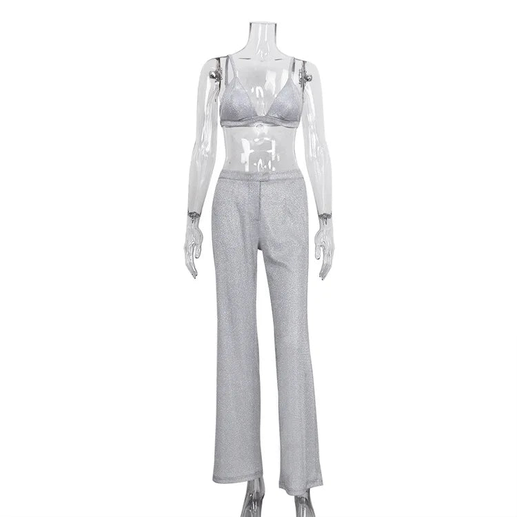 Tossy Glitter Silver Party Two Piece Pants Set Women Club Night Outfits Fashion Sparkly Blazer Matching Sets Femme Tracksuit - Seprincess