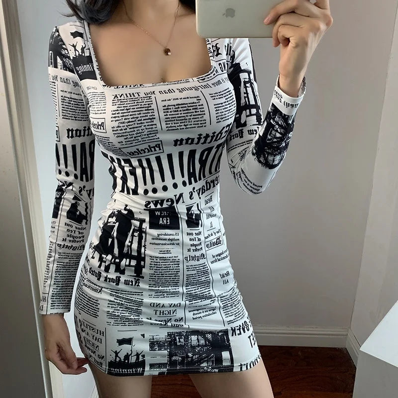 Hot-selling Printed Europe Newspaper Sexy Mini Dress 2020 Autumn New Fashion Street Shooting Slim Girl Female Square Collar ZW0 - Seprincess