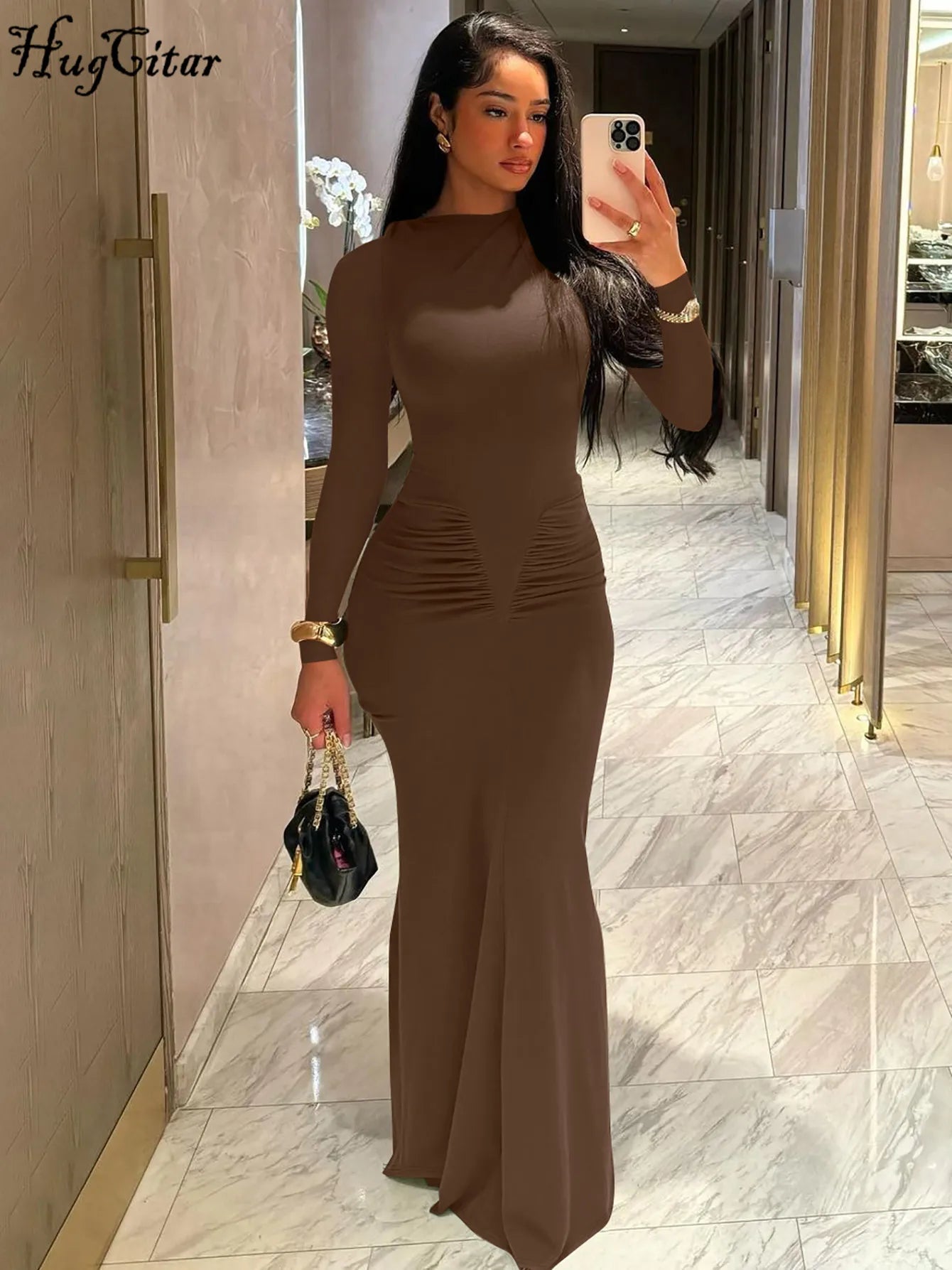 Hugcitar 2024 Autumn Solid Long Sleeve Draped Sexy Bodycon Maxi Prom Dress Women Fashion Y2K Outfits Evening Party Festival - Seprincess