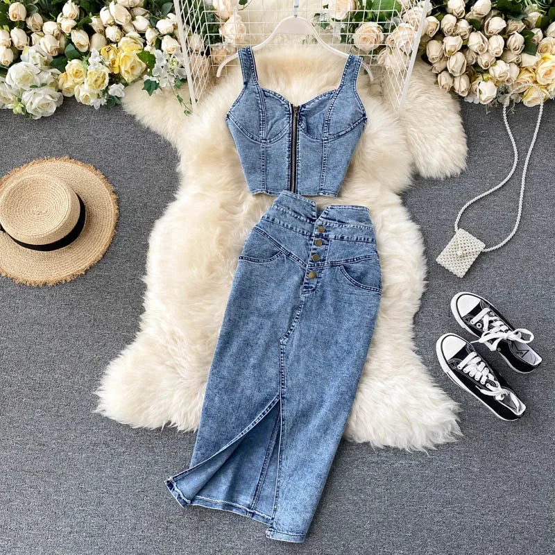 Denim Skirt Set Women Sexy Camisole Tops + High Waist Denim Pencil Skirt 2Pcs Suit Fashion Female Summer Slim Bodycon Suits - Seprincess