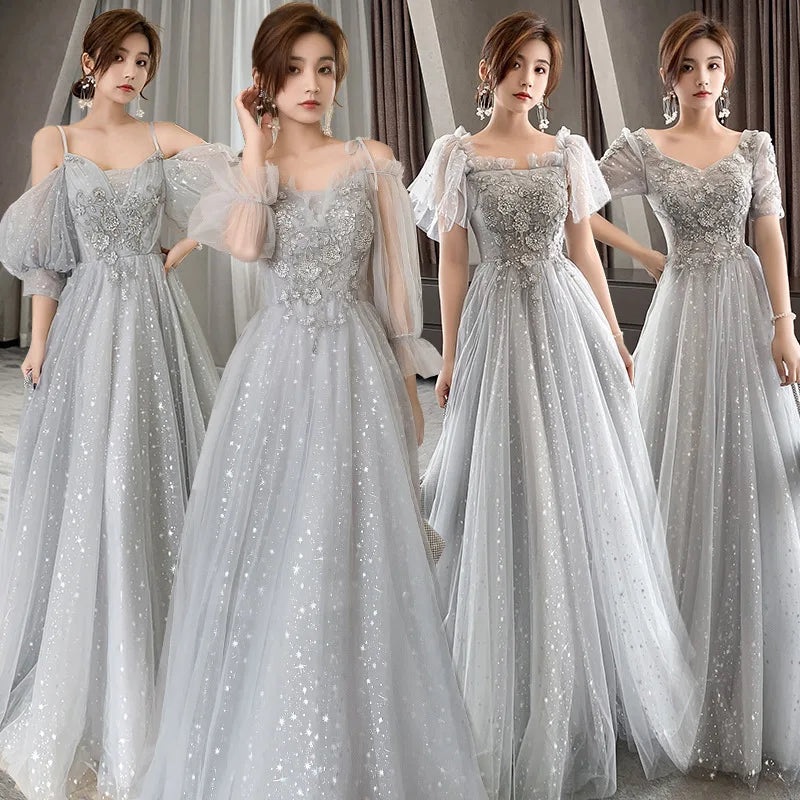 Grey Bridesmaid Dresses Elegant Women Applique Off The Shoulder Floor Length Tulle Wedding Party Dress Formal Prom Gowns - Seprincess