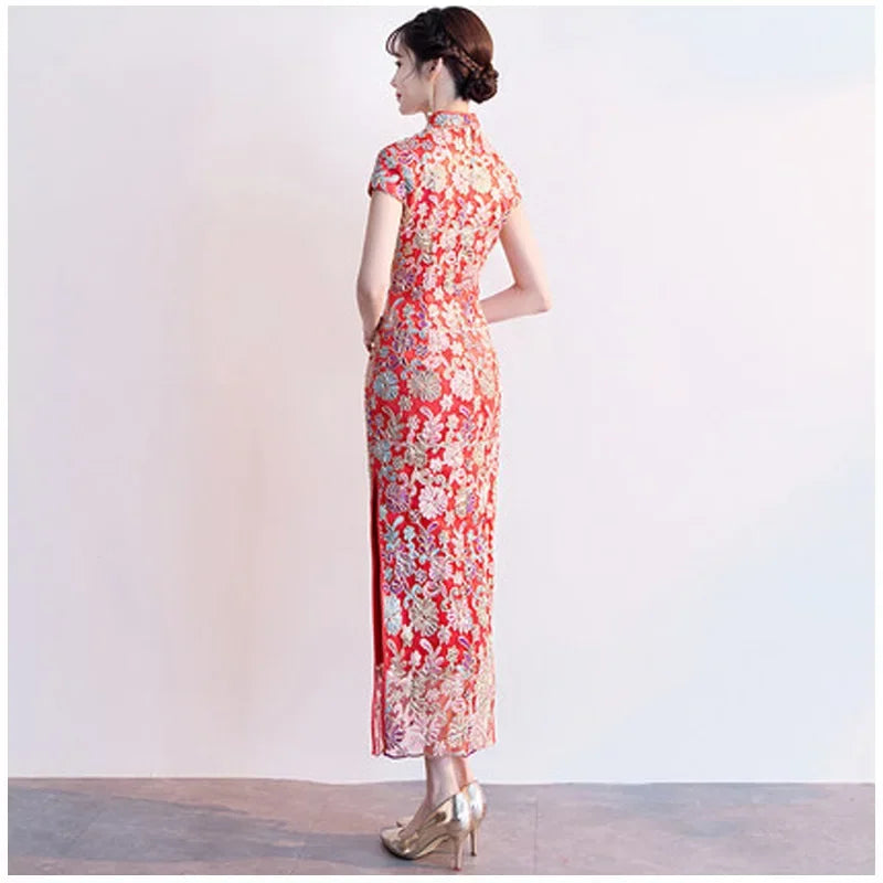 New model 2024 Womens Dress Fashion Chinese Style Elegant Long Qipao Luxury Wedding Robe Red Lace Bride Party Cheongsam Oriental - Seprincess