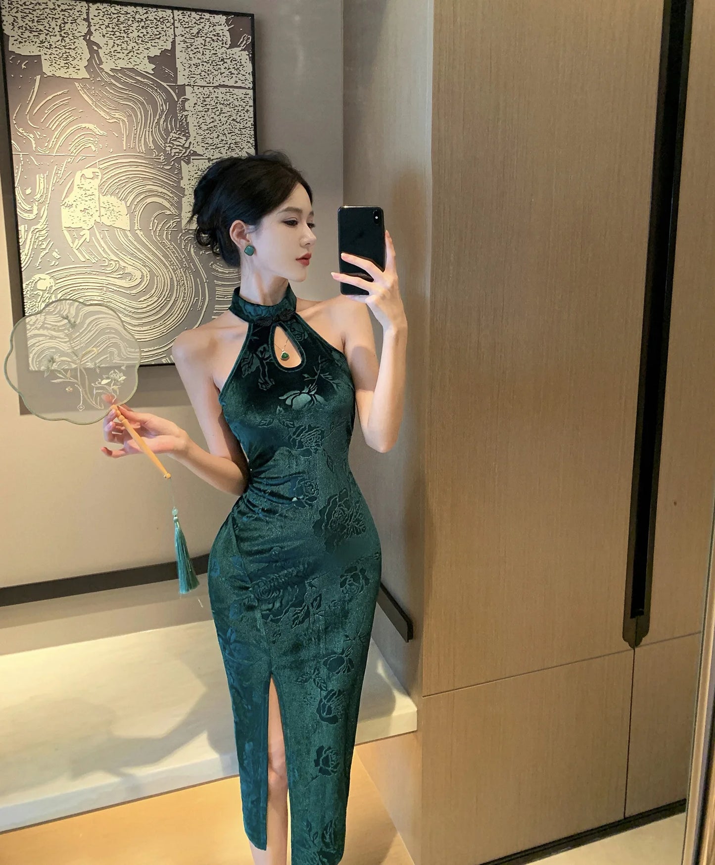 Vintage Green Print Cheongsam New Chinese Style Velvet Dress Sexy Split Vestidos Lady Autumn Dresses Hollow Out Qipao Vestidos - Seprincess