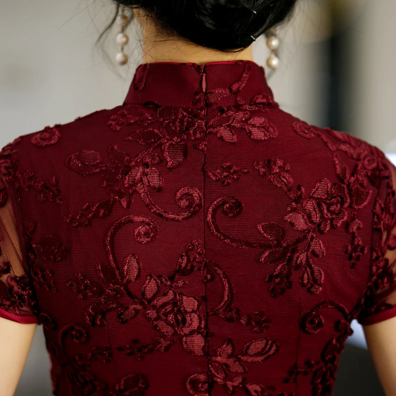 Burgundy Lace Female Qipao Traditional Chinese Dress Vintgae Classic Mandarin Collar Cheongsam Sexy Slim Split Vestidos 3XL 4XL - Seprincess