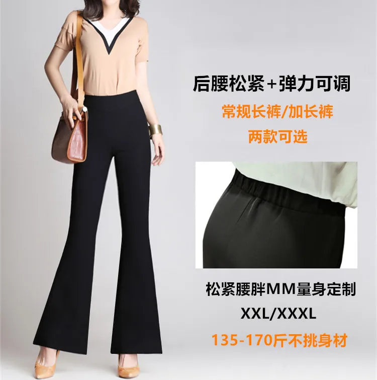 Autumn Winter Office Lady Fashion Long Flare Pants Solid High Waist Elastic Band Slim 4XL Professional Woman Wide Leg Trousers