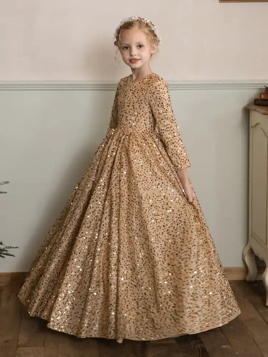 Girl Champagne Princess Dress Crew Neck Velvet Sequin Flower Girl Dress Lovely Birthday Party Dress Kids Formal Wear Party Gown - Seprincess