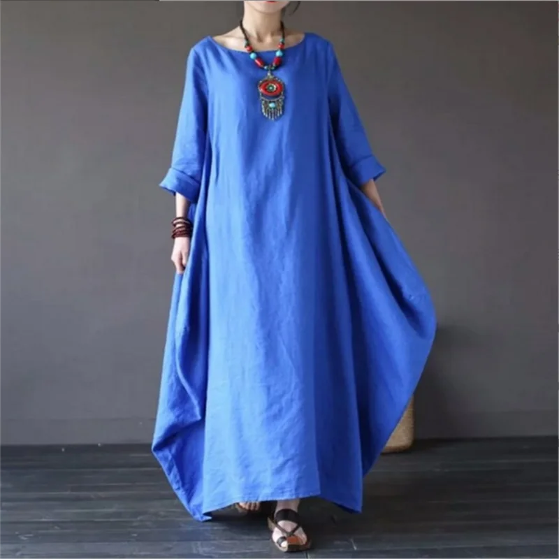 2022 Spring New Loose Size Round Neck Mid-Sleeve Large Swing Cotton And Linen Long Dress - Seprincess