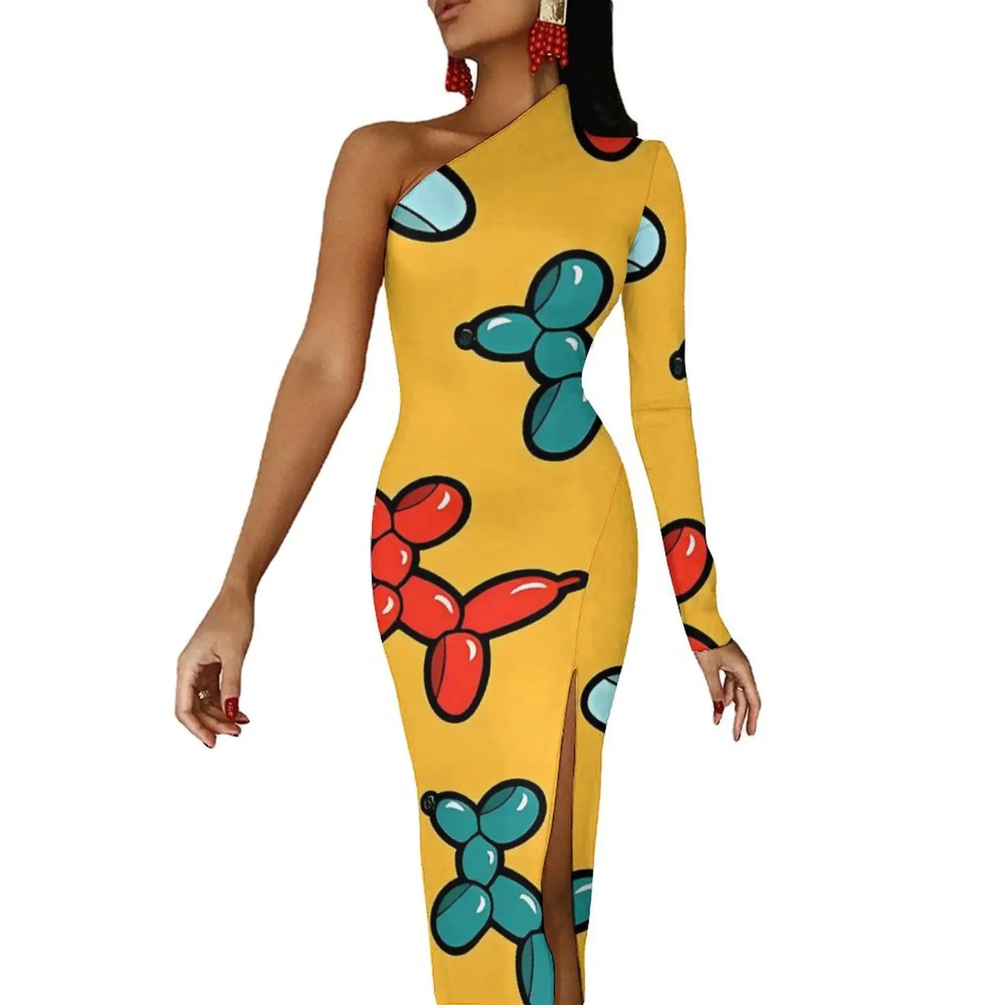 Watercolor Balloon Dogs Maxi Dress Long Sleeve  Sexy Bodycon Dress Spring Aesthetic Long Dresses Female Design Clothing - Seprincess