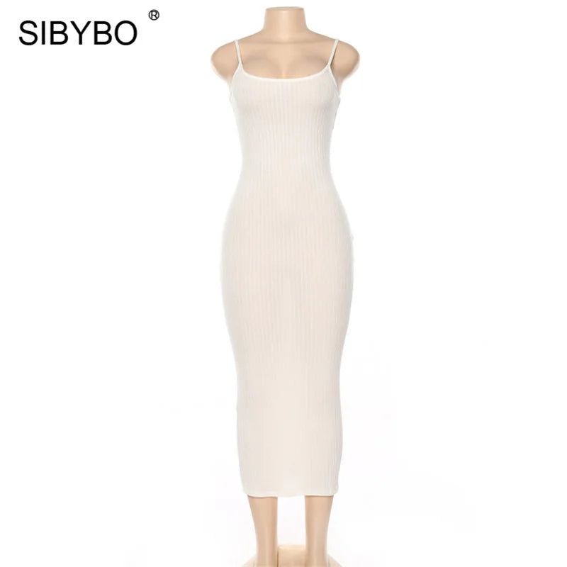 SIBYBO Ribbed Spaghetti Strap Cotton Dress Women Sleeveless O-Neck Summer Dress Solid Backless Long Party Dress - Seprincess