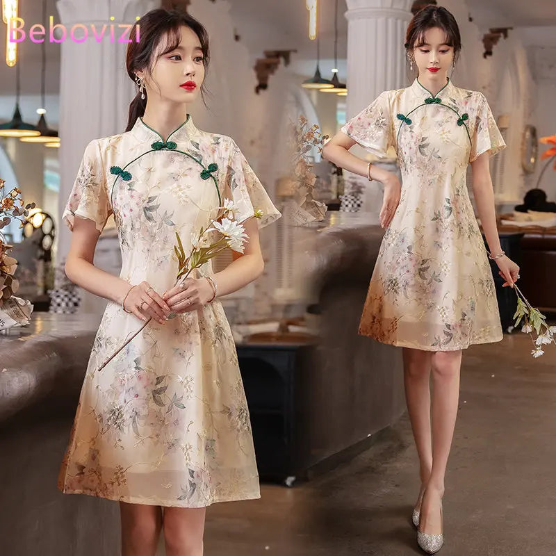 New Style Summer Improved Chiffon Cheongsam Women' Elegant Chinese Traditional Short Sleeve Qipao Dress Modern - Seprincess