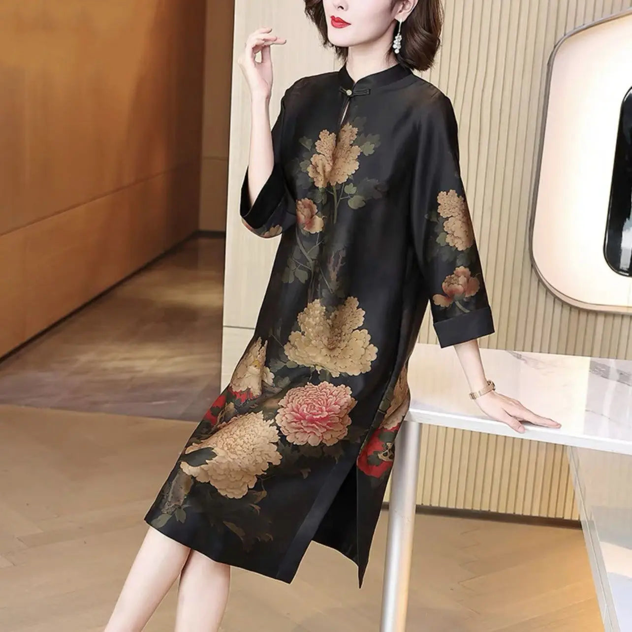 2024  chinese style disc buckle loose style printed cheongsam dress women spring stand collar retro daily long qipao skirt w300 - Seprincess