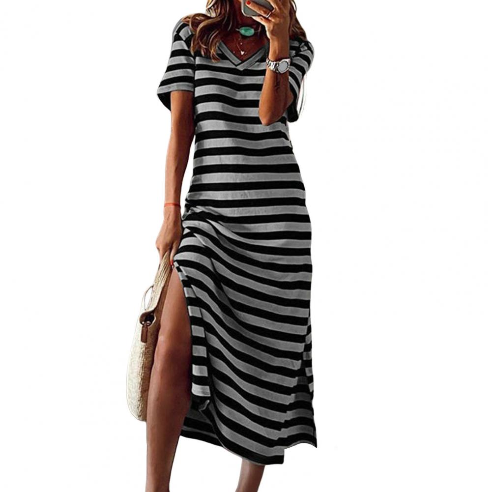 Summer Dresses 2023 Woman Plus Size Dresses For Women Casual Stripe Print V-neck Short Sleeve Loose Long Dress Robe Femme - Seprincess