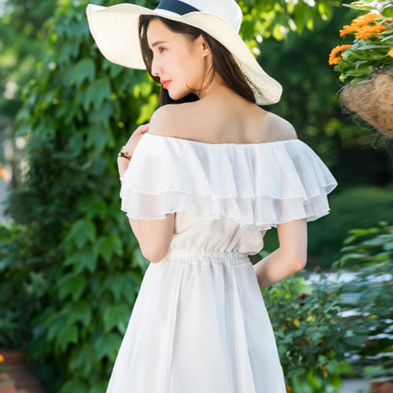 Women's Summer Beach Style Chiffon White Long Dress Lady Graceful Fairy Layers Ruffles Off-Shoulder Dresses Evening Party Gown - Seprincess