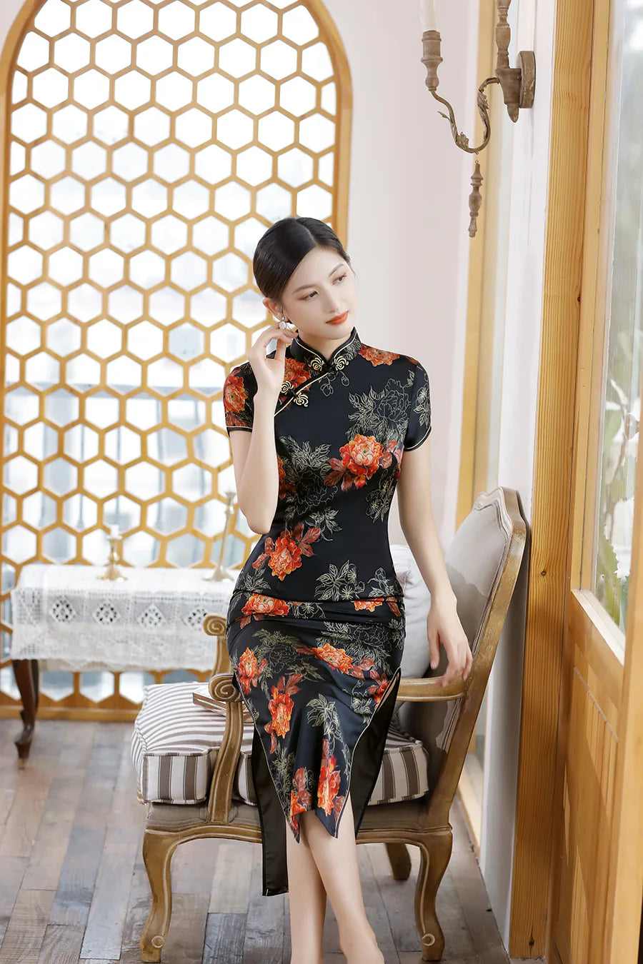 Chinese Style Cheongsams Woman Traditional Dress Floral Print Qipao Satin Vestido Para Mujer Slitting Hem Bodycon Large Size 5Xl - Seprincess