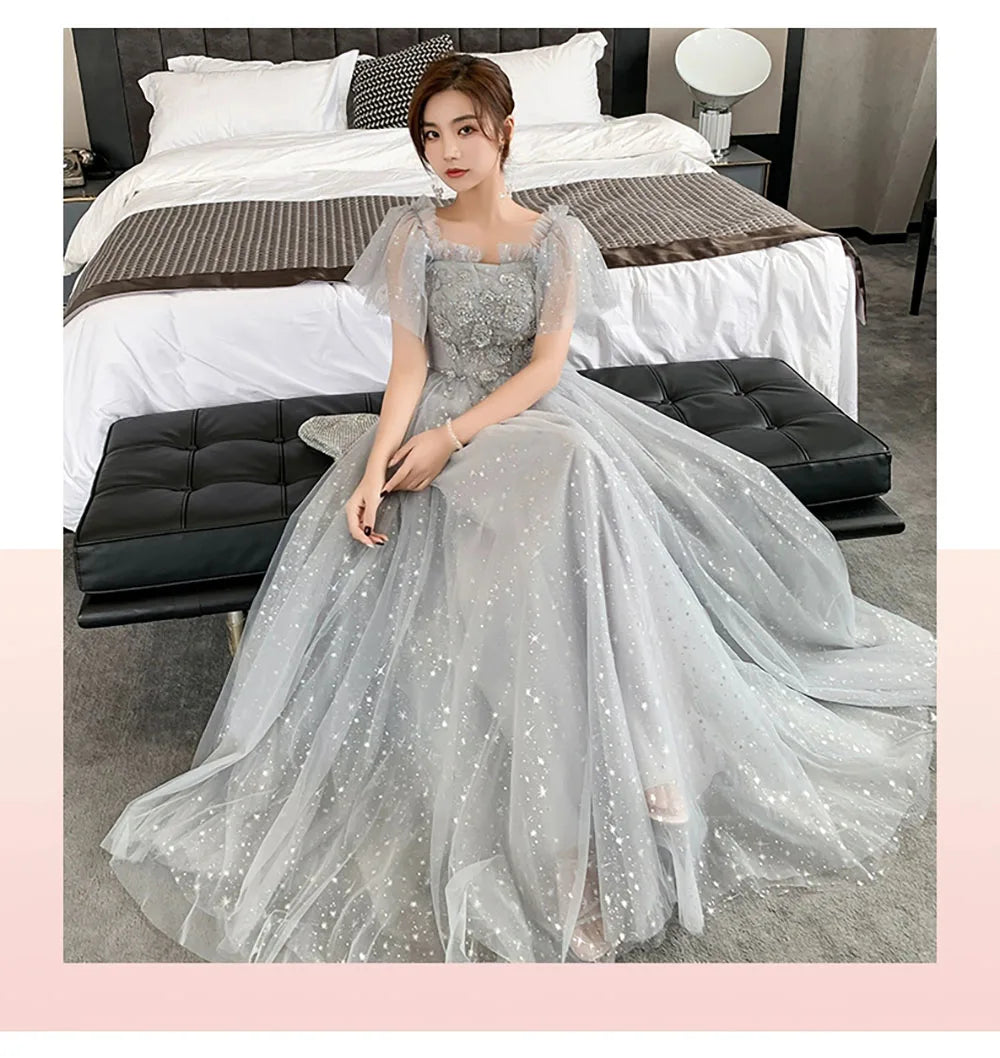 Bridesmaid Dress Women Lantern Sleeve Sequin Tulle Party Dresses Fairy Stage Performance Elegant Ladies Banquet Evening Gown - Seprincess