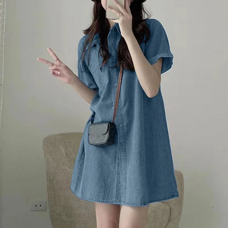 ZANZEA Summer Women Jeans Dress Vintage Short Sleeve Denim Sundress Causal Shirt Vestidos Retro Lapel Kaftan Loose Work Dresses - Seprincess