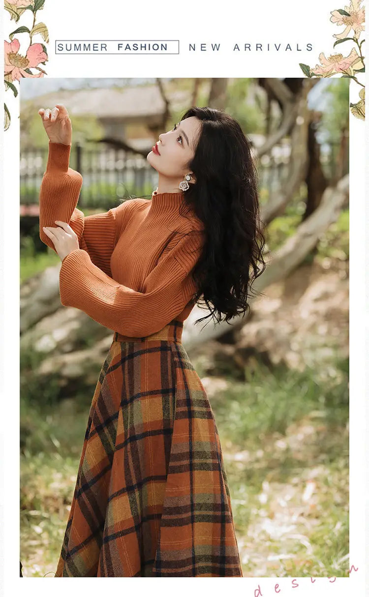 Women's Spring Autumn Vintage Plaid Long Skirts Sweater Two-Piece Set French Lady Graceful Knit Pullover High Waist Skirt Outfit - Seprincess