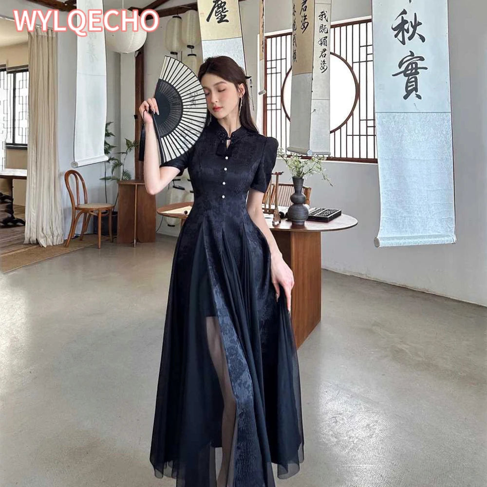 Women Fashionable New Cheongsam Black Advanced Mysterious Dress Qipao Improvement New Chinese Style Elegant Dress Summer - Seprincess