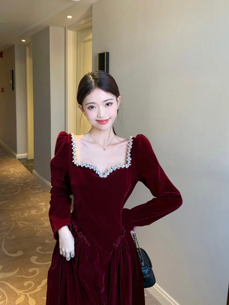 Vintage Evening Party Velvet Dresses for Woman Elegant Fashion Wedding Birthday Prom Long Sleeves Female Clothing Black Robe - Seprincess