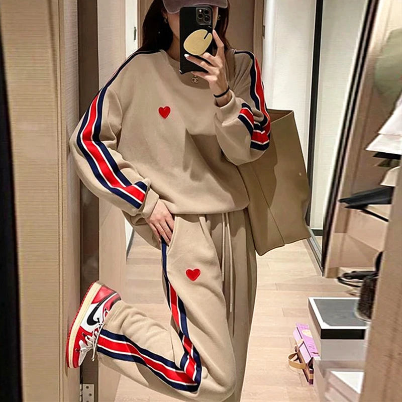 Autumn Cute Love Embroidery Pant Sets Two Pieces Tracksuits Khaki Side Striped Sweatshirt Women Girls Loose Sporty Korean Style - Seprincess