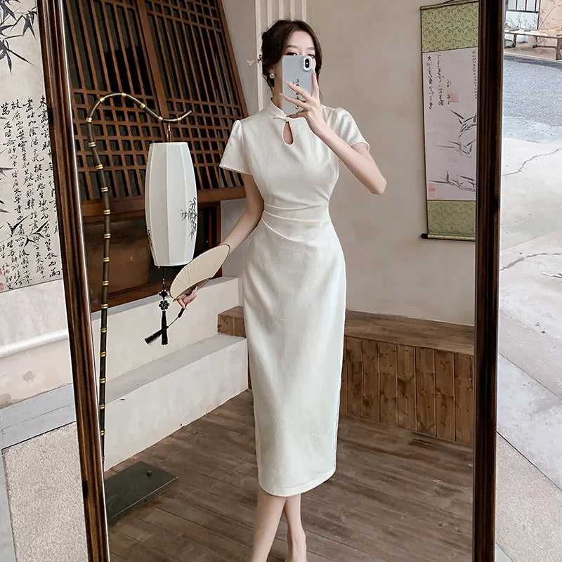 New Chinese Style Black Creamy-white Qipao Dress Women's Summer Slim Satin Modern Improved Cheongsam Evening Wear - Seprincess