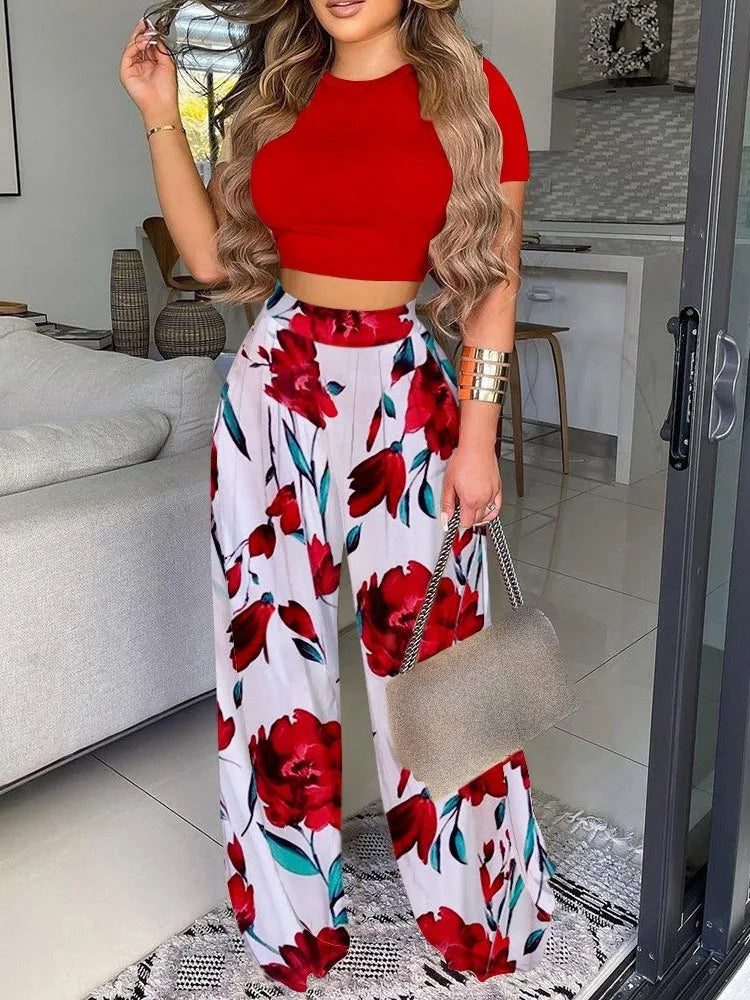 New Women's Sexy Ultra Short Top Set Summer Fashion Printed Corset Waist Long Pants Slim Elegant Female Casual Pants 2 Piece Set - Seprincess