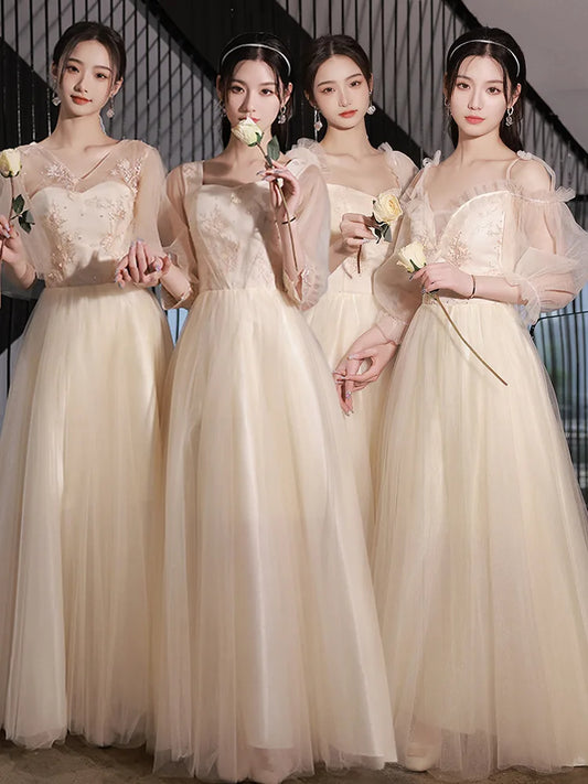 Champagne Bridesmaid Dress Women's Sweet Tulle Embroidery New Temperament Sisters Evening Dresses A-Line Wedding Party Gown - Seprincess