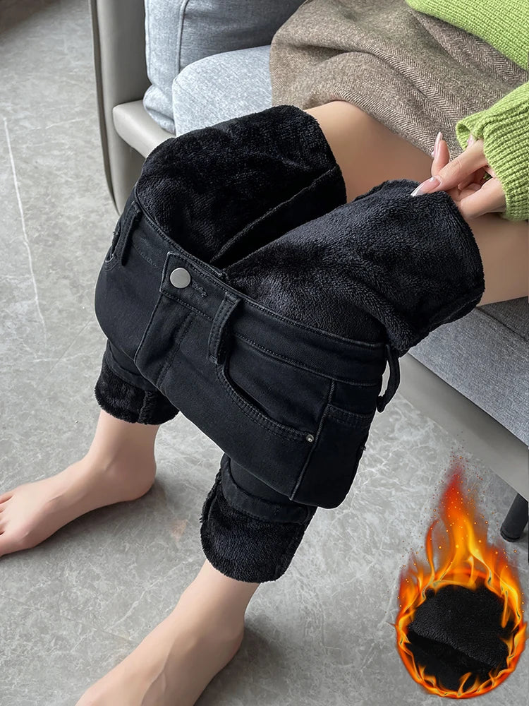 Skinny Women's Warm Jeans Winter Thicken Fleece Stretch High Waist Pencil Pants Fashion Korean Black Blue Gray Velvet Leggings