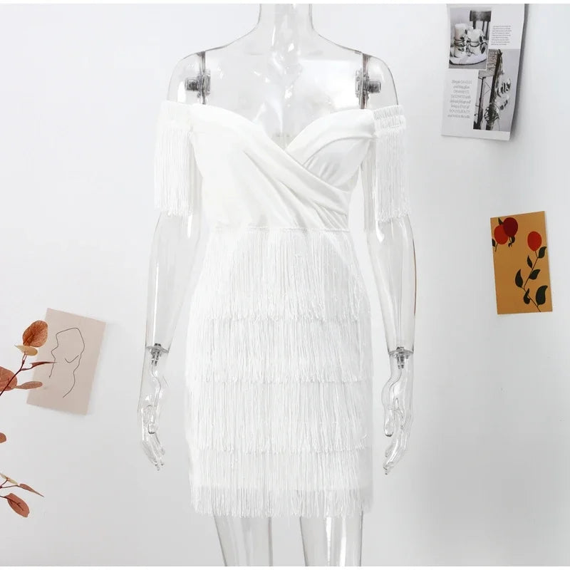 Sexy Sleeveless Bodycon Dress Women White Off Shoulder Tassel Female Short Dresses 2023 Summer Party Club Bandage - Seprincess