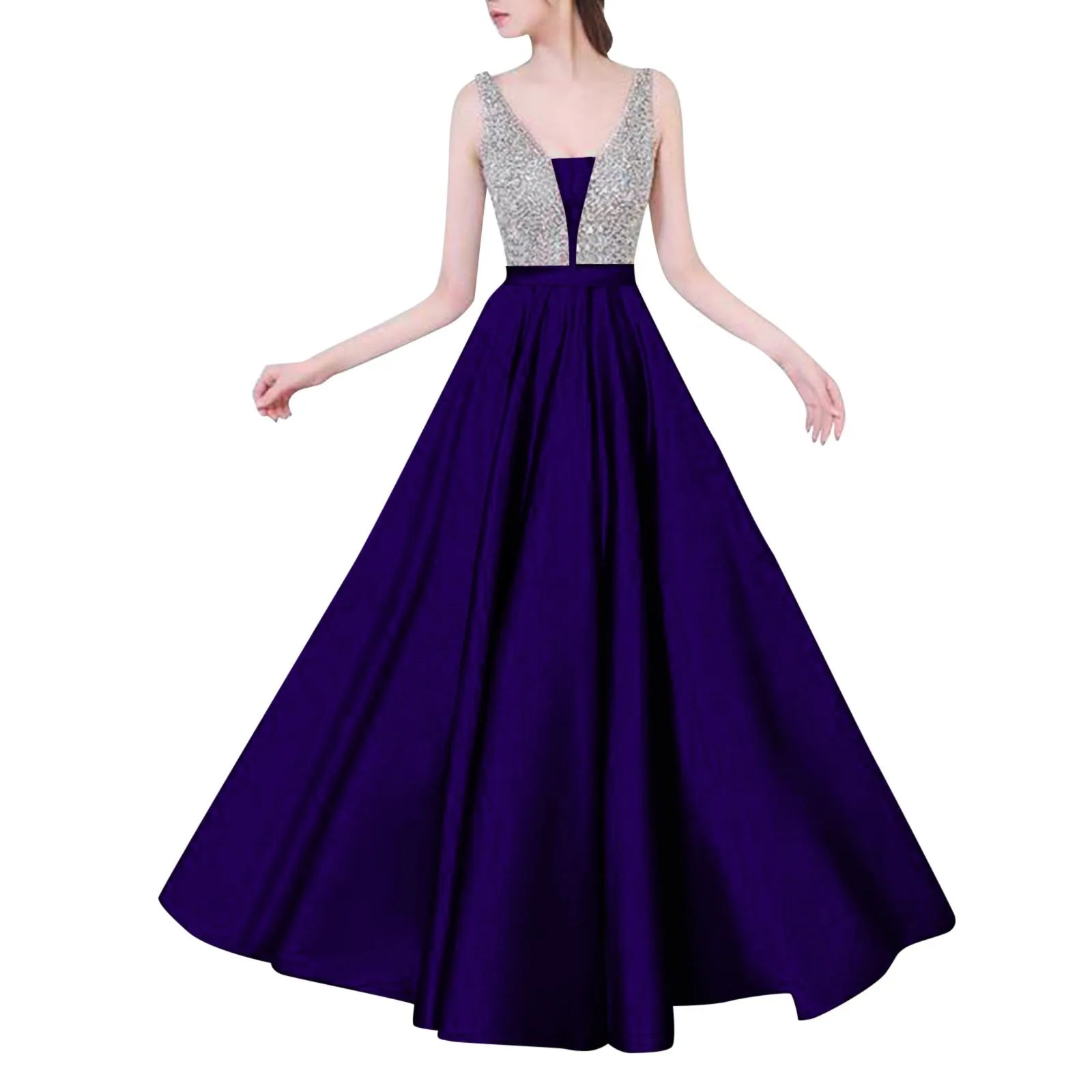 A Line Elegant Sequined Long Prom Dresses Ladies Deep V Neck Solid Color Satin Ruffles Formal Party Dresses Bridesmaid Dress - Seprincess