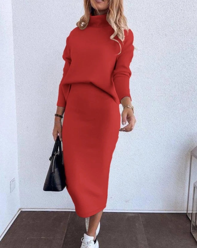 Casual Two Piece Set Women Outfit 2023 Autumn Long Sleeve Mock Neck Sweatshirt & Fashion New High Waist Skirt Set - Seprincess