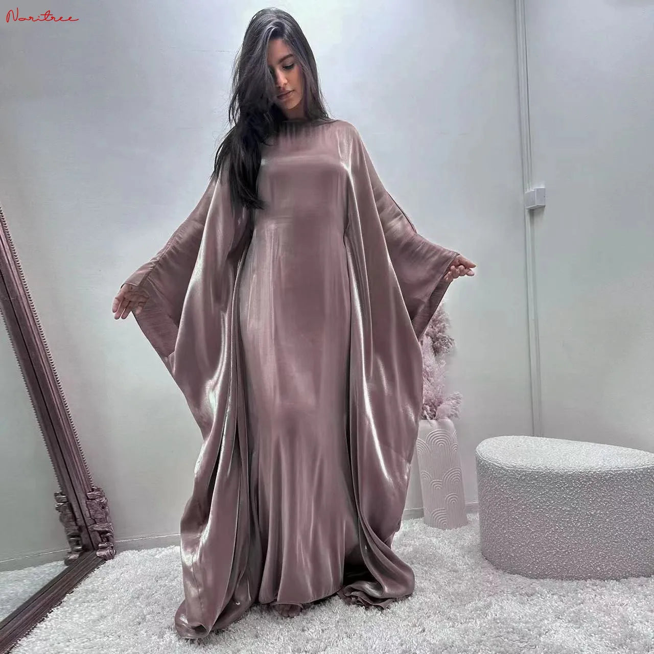 Fashion Shiny Bat sleeved Muslim Dress Robe Syari Female Full Length Butterflies Abaya Muslim Dress Worship Service Abaya wy2001