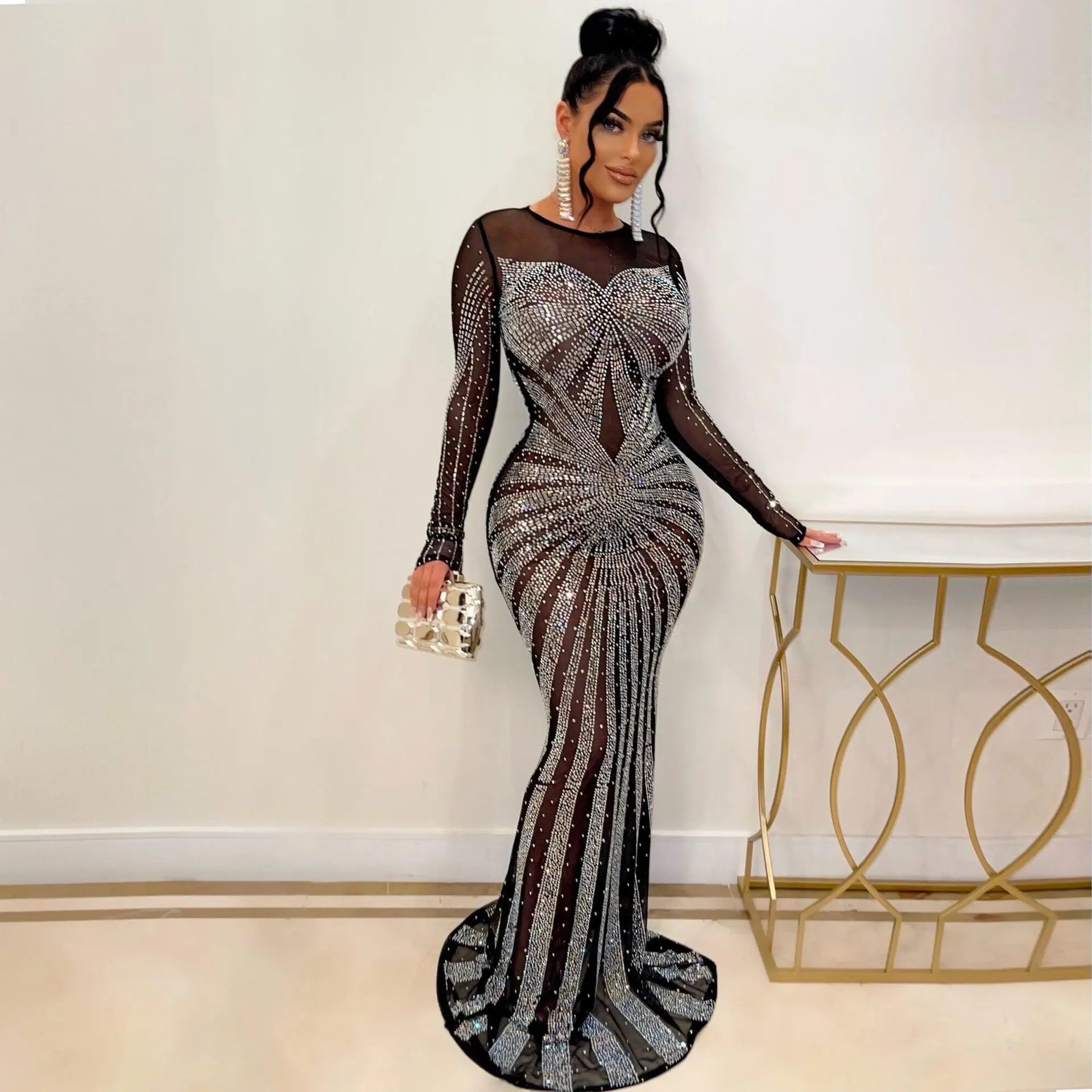 Sexy Rhinestone Crystal Mesh See Through Maxi Dress New Women Long Sleeve Birthday Night Clubwear Long Dress Wedding Party Dress - Seprincess