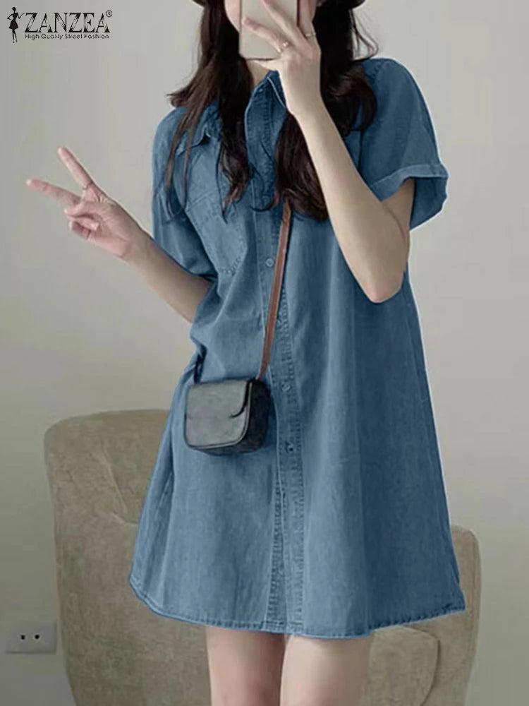 ZANZEA Summer Women Jeans Dress Vintage Short Sleeve Denim Sundress Causal Shirt Vestidos Retro Lapel Kaftan Loose Work Dresses - Seprincess