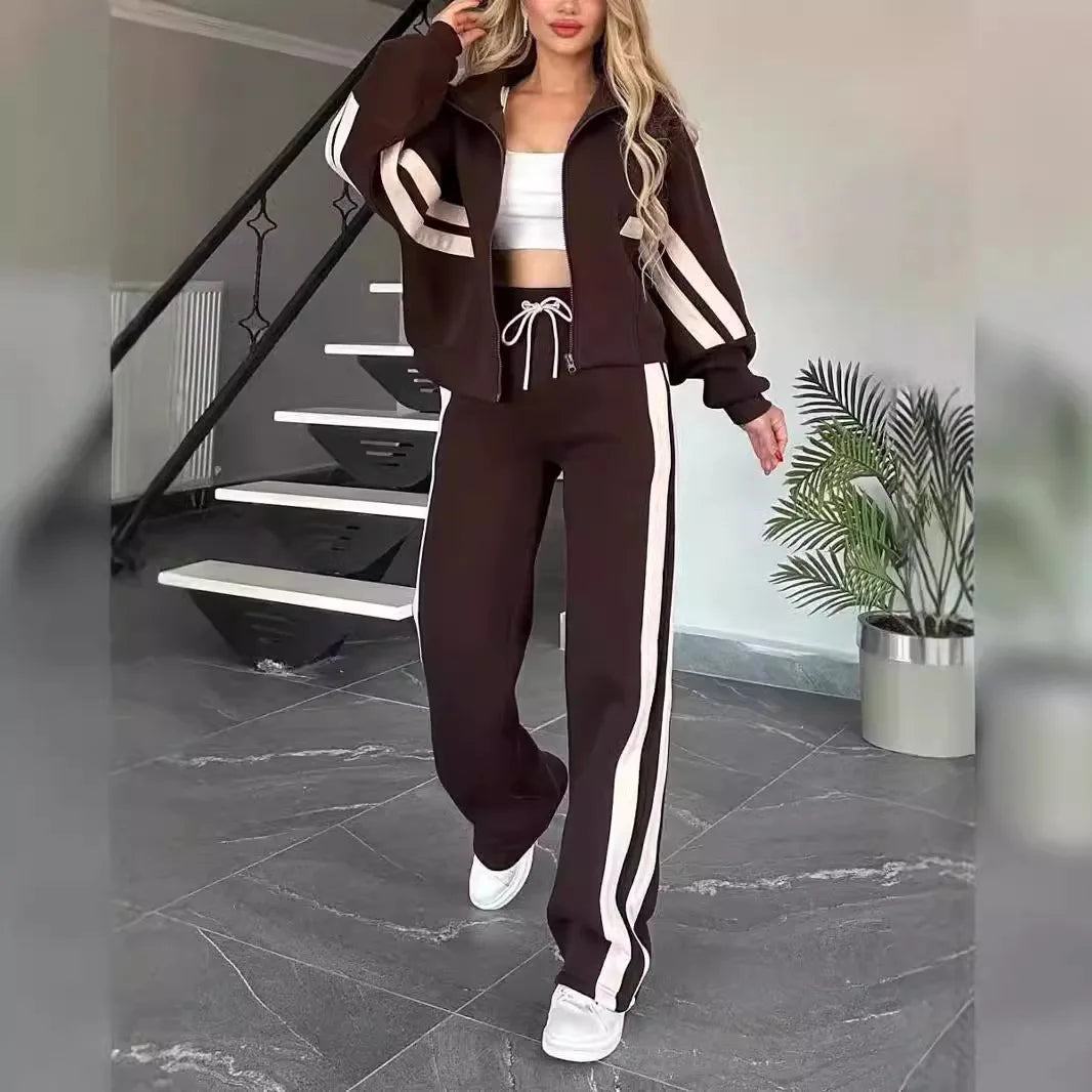 Y2K Striped Zipper Coat+sweatpants Two Piece Set Women Casual Batwing Sleeve Sports Jacket Outfits Autumn Winter Sweatshirt Suit - Seprincess