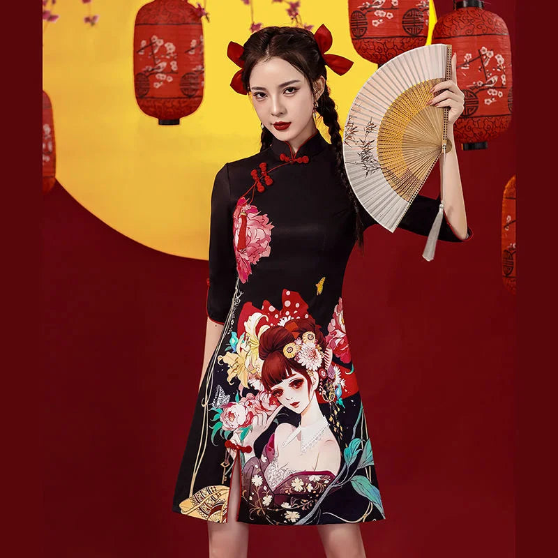 Chinese Style Cheongsam Dress Women Fashion Black Modern Modified Qipao National Traditional Robe Orientale Girl Vestido Chino - Seprincess