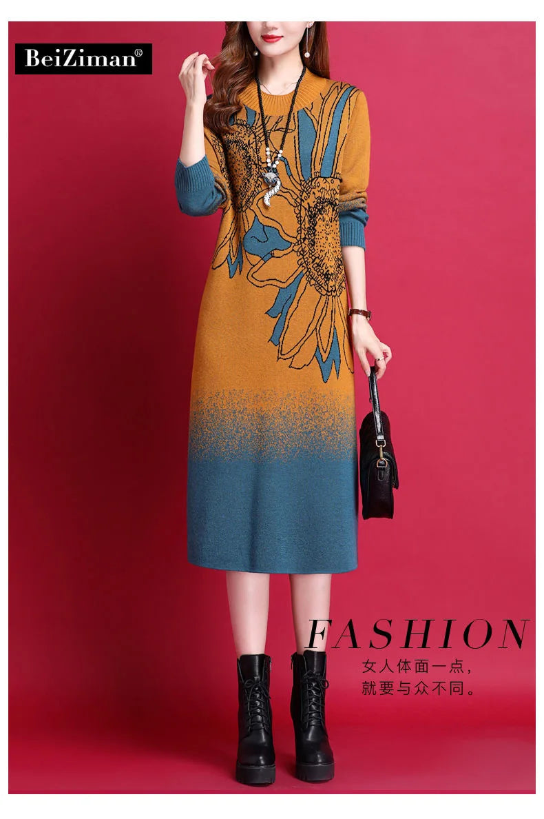 Office Lady Korean Fashion Knitted Dresses 2023 New Winter Slim Wool Elegant Jacquard Sweater Dress - Seprincess