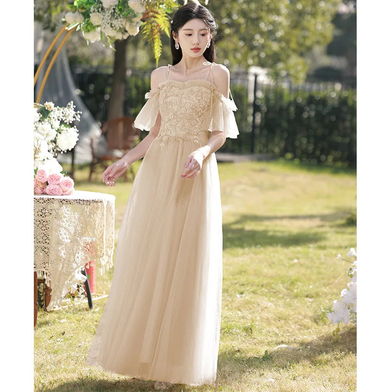 Temperament Grey Bridesmaid Dress Long Wedding Sisters Group Gown Elegant Applique Tulle Off Shoulder Banquet Party Vestido - Seprincess