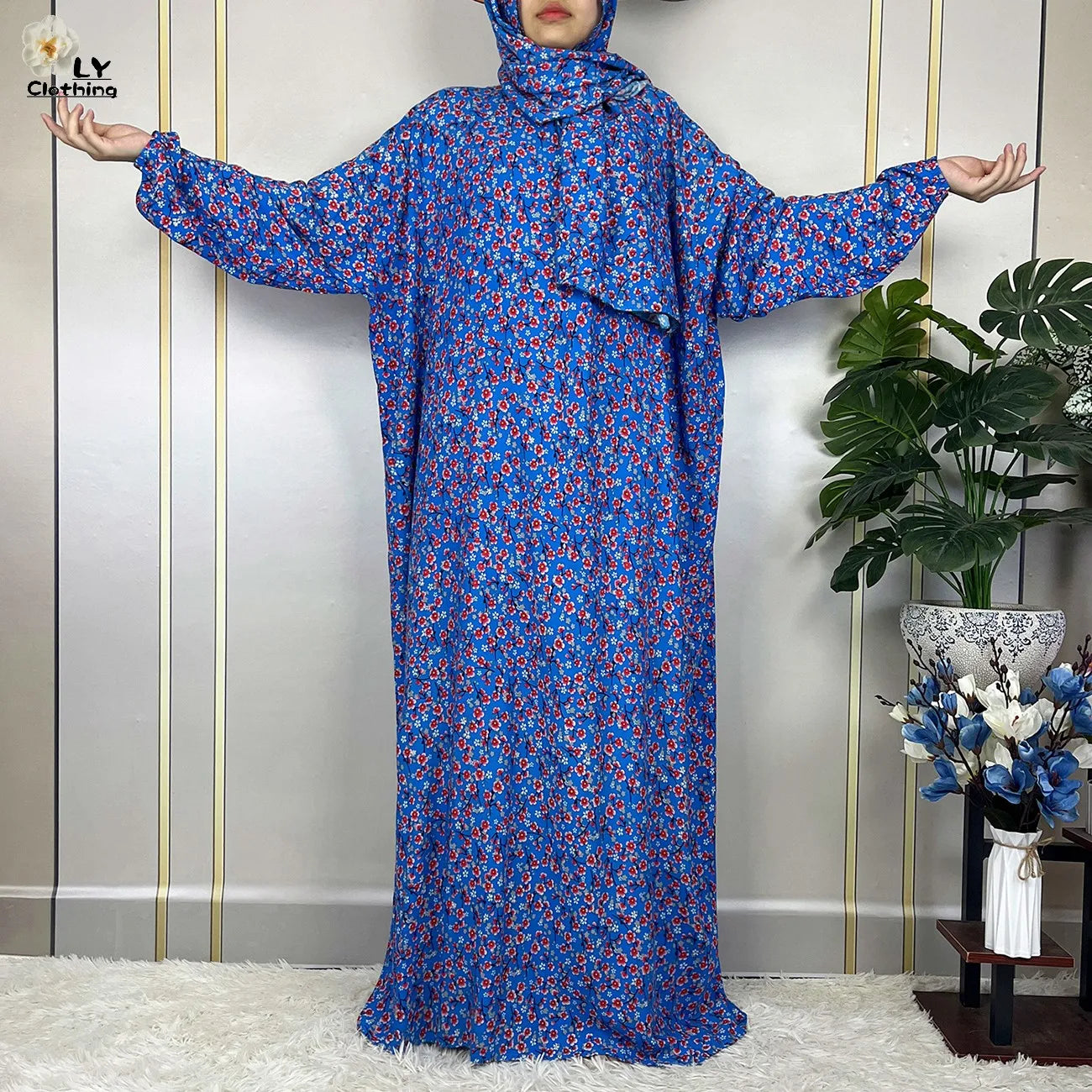 2024Latest Muslim Abayas For Women Ramadan Prayer Maxi Dubai Turkey Femme Cotton Robe Floral Loose African Dress Turban Attached