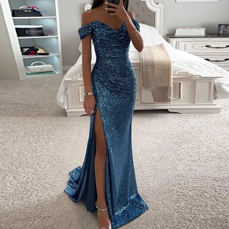 Women Elegant High Slit Cocktails Dress New Lady Party Banquet Slim Sequin Maxi Dress Sexy Slash Neck Glitter Floor-Length Dress - Seprincess