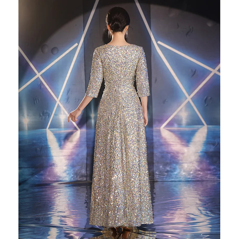 Shiny Sequin Mother Of the Groom Dresses 2024 New Elegant V-Neck Floor-Length Long Wedding Party Gowns With Sleeves - Seprincess