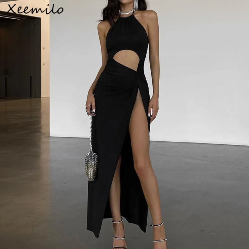 Xeemilo Sexy Prom Party Black Long Dress Elegant Waist Hollow Out High Split Summer Dresses Fashion Backless Lace Up Women Robe - Seprincess