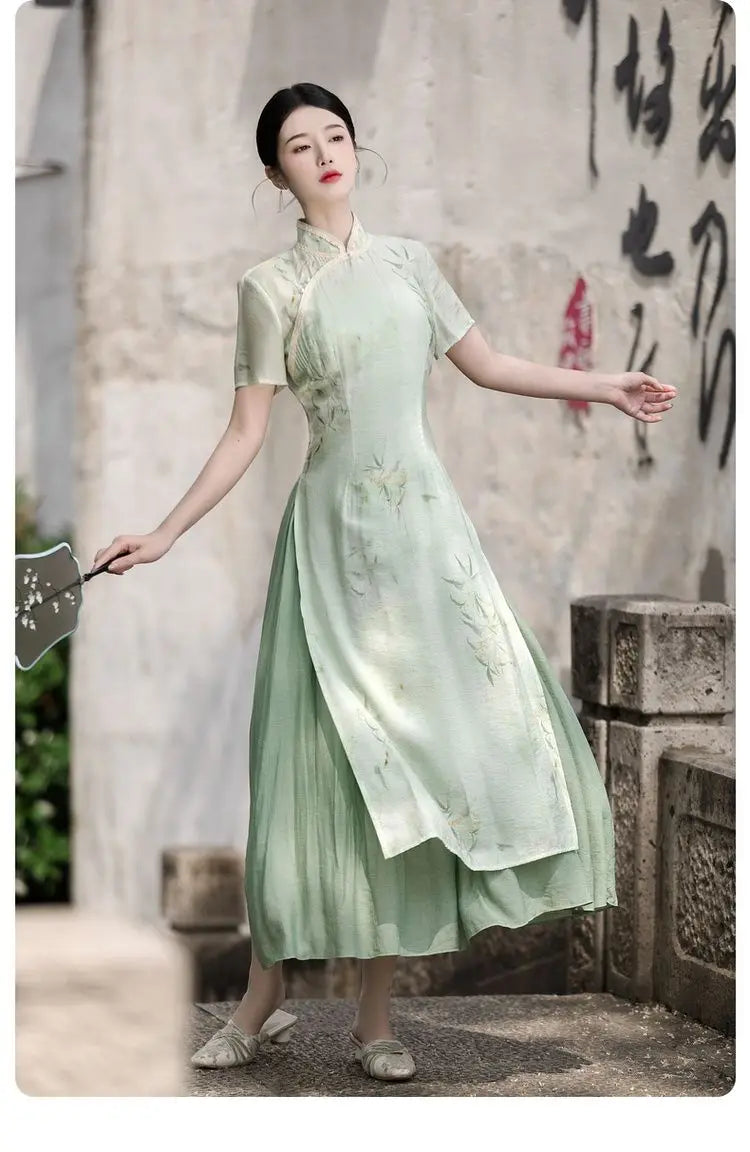 Retro Chinese Style Short Sleeve Qipao Two-piece Set Women New Chinese Style Green Improved Cheongsam Summer Long Dresses - Seprincess