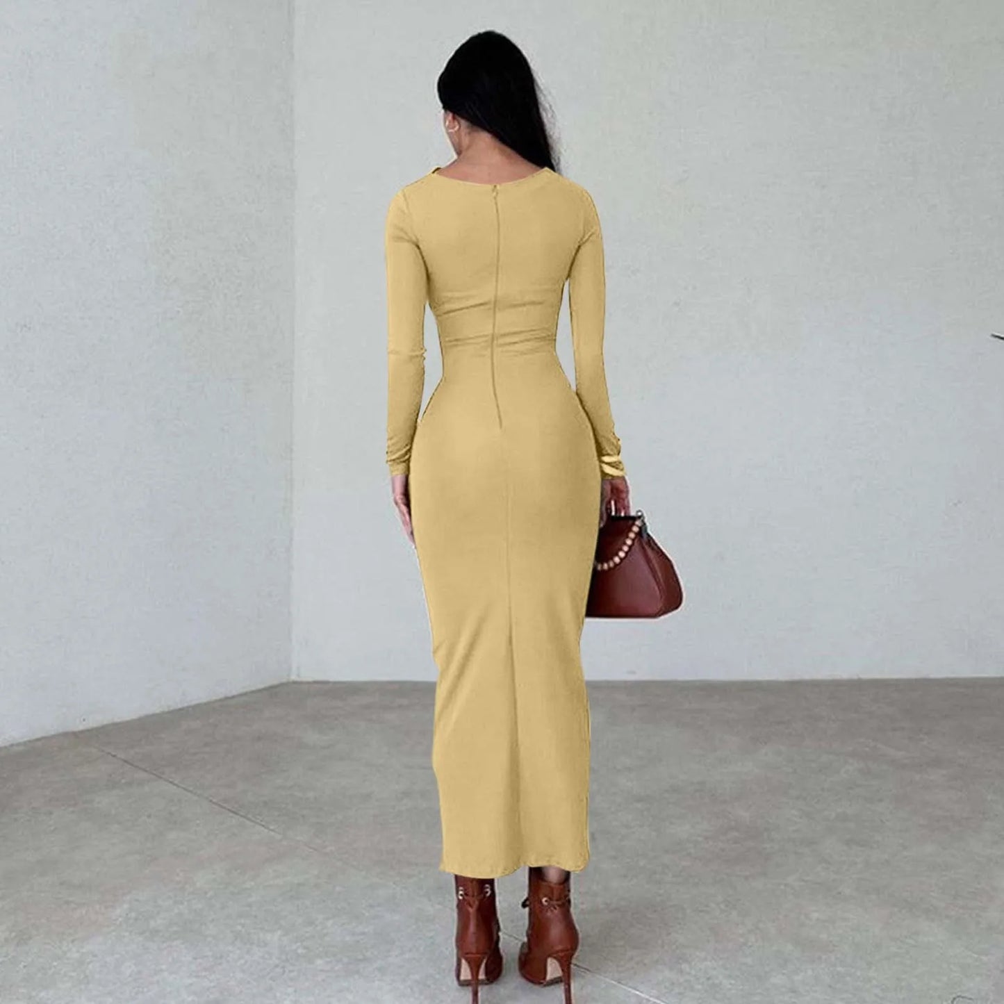 Women Bodycon Maxi Dresses Fall New Long Sleeve Sexy Ruched Neck Slim Fit Cocktail Party Dress Elegant Gentle Temperament Dress - Seprincess