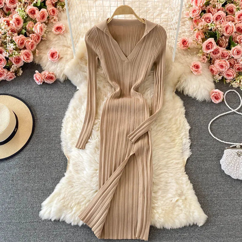 Women Korean Knitted Dress Long Sleeve V Neck Elastic Slim Pencil Dresses 2024 Autumn Sexy Bodycon Split Sweater Dress