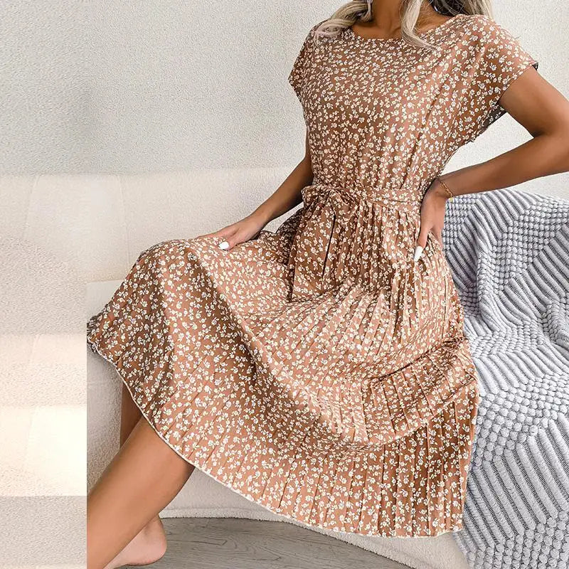 Women Spring Summer Short Sleeve High Waist Chic Dress Fashion Floral Pleated A Line Long Dress - Seprincess