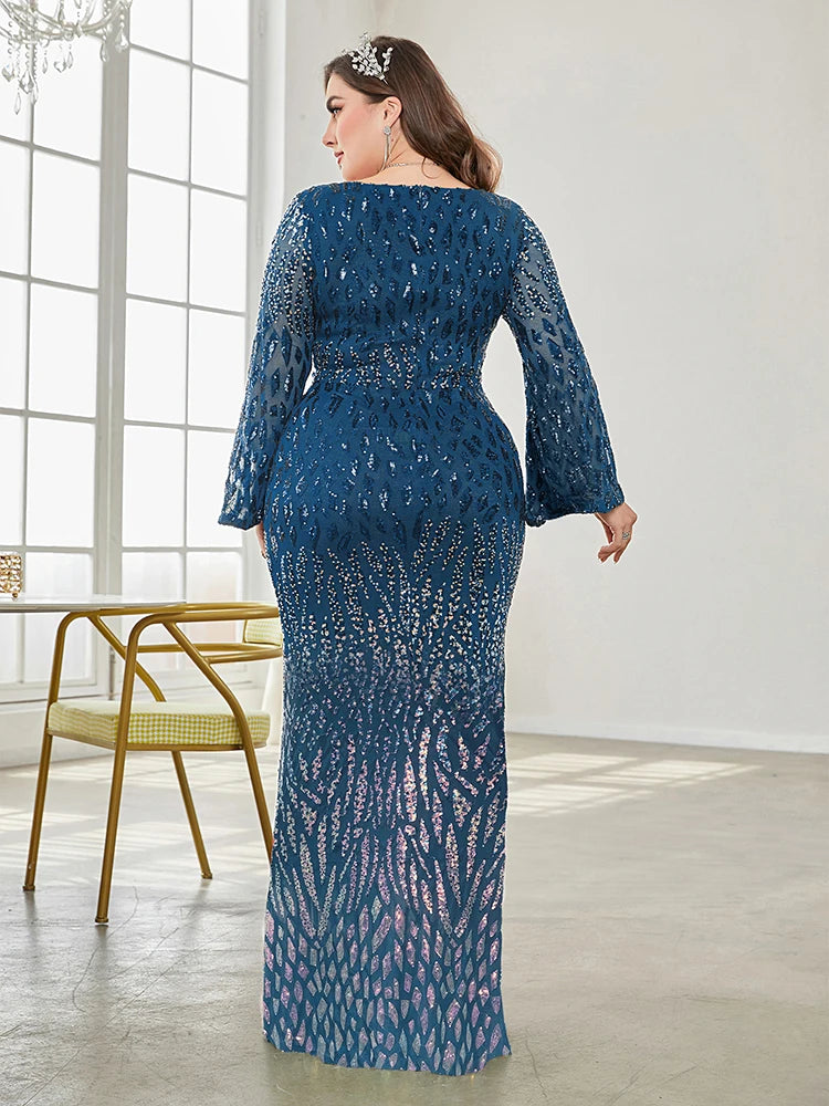 XUIBOL Plus Size Elegant Sequin Blue Evening Dress 2024 Women Formal Maxi Prom Long Sleeves Party Dress Luxury Cocktail Dress