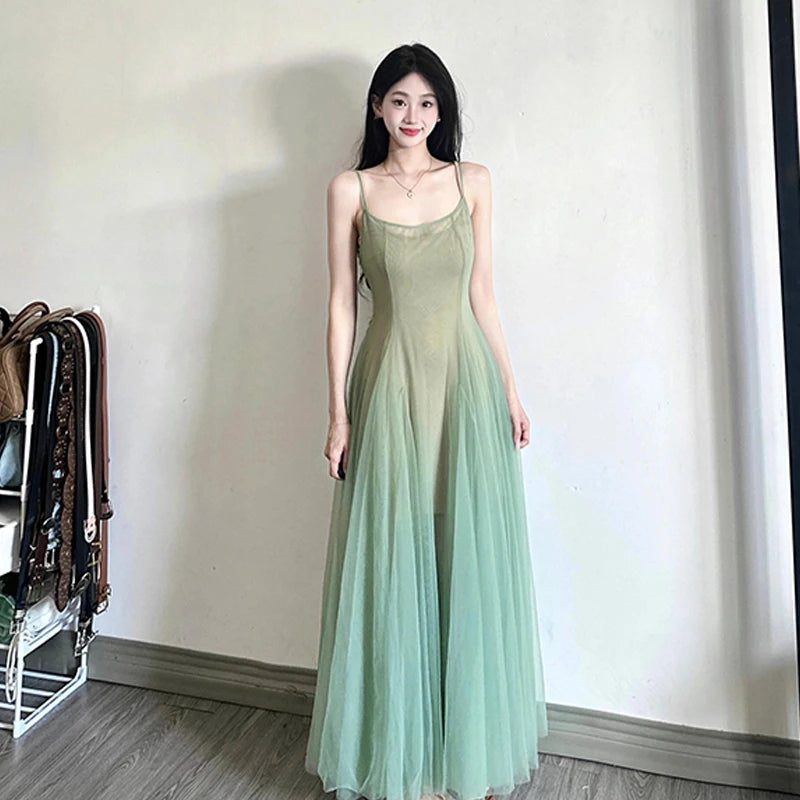 Women Mesh Spaghrtti Strap A-line Holiday Seaside Summer Princess Long Dress - Seprincess